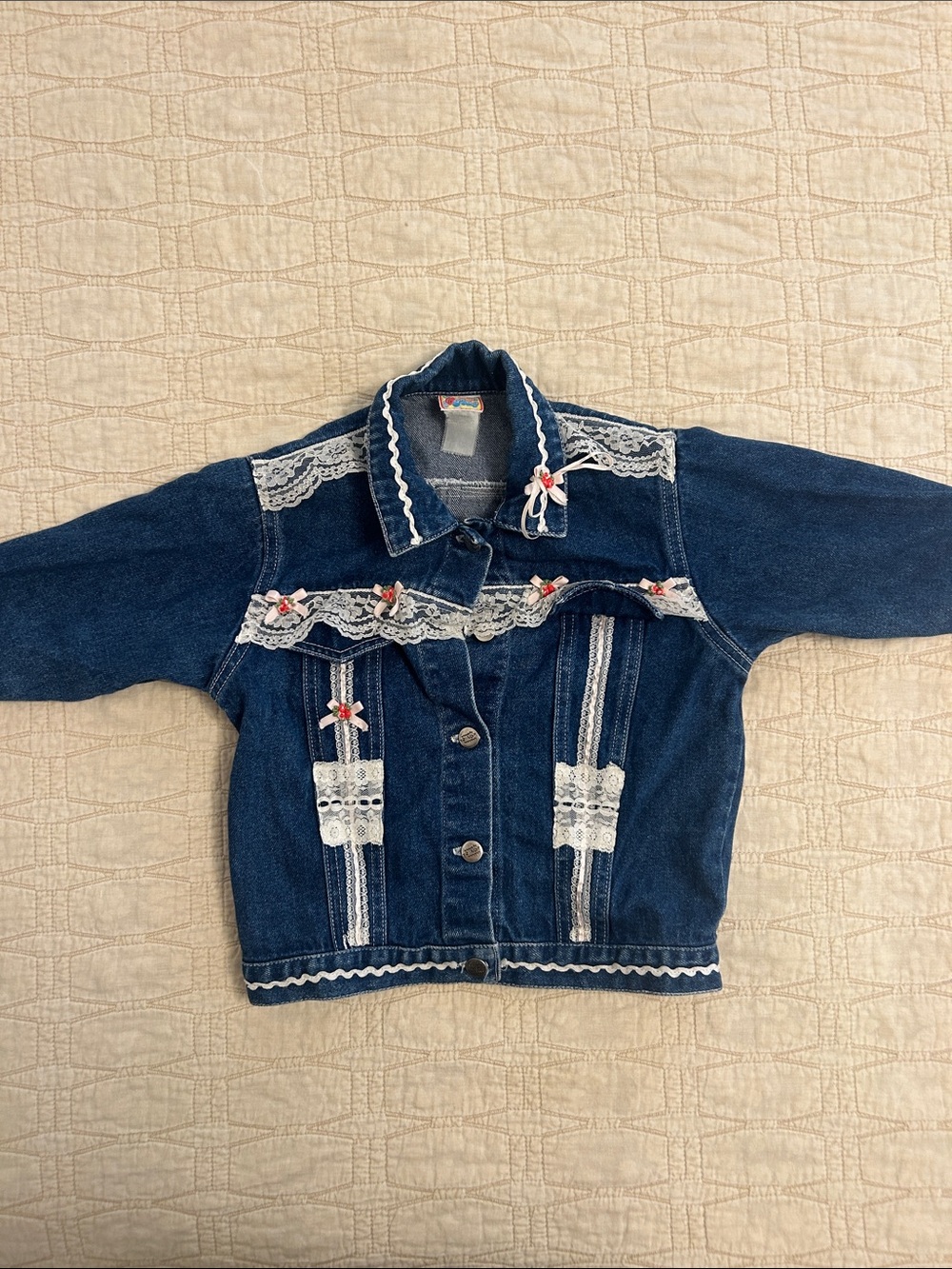 Vintage Kids Denim Jacket with White Lace Trim